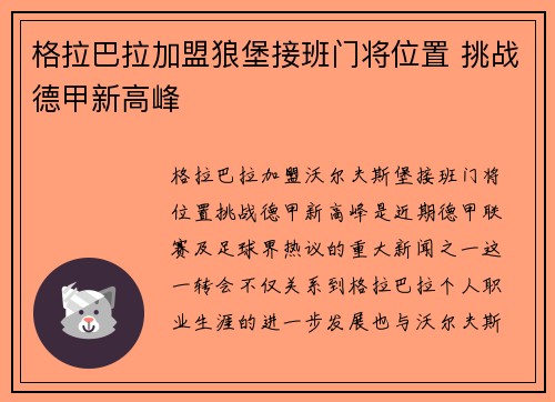 格拉巴拉加盟狼堡接班门将位置 挑战德甲新高峰